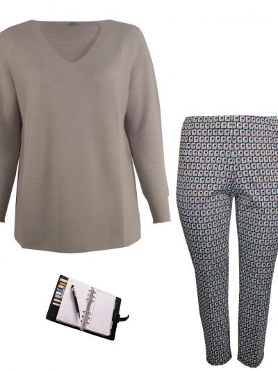 Stylish Outfit from Sallie Sahne Merino Sweater and printed Pants plus size