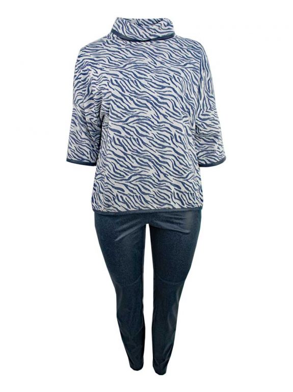Verpass Pullover Strick-Shirt blau gemustert Lederkante und Hose Lederimitat große Größen Mode online kaufen